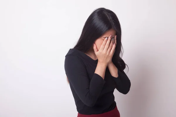 Sad Young Asian Woman Cry Palm Face White Background — Stock Photo, Image