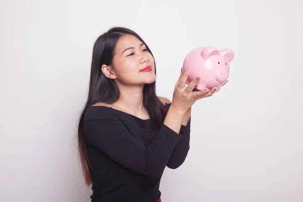 Young Asian Woman Kiss Pink Coin Bank White Background — Stock Photo, Image