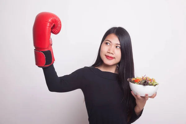 Young Asian Woman Boxing Glove Salad White Background — Stock Photo, Image