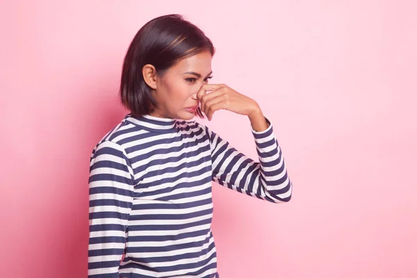 Young Asian Woman Holding Her Nose Because Bad Smell Pink — Stock Photo, Image