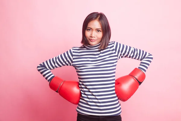 Young Asian Woman Red Boxing Gloves Pink Background — Stock Photo, Image
