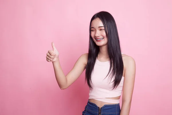 Asian Woman Thumbs Smile Pink Background — Stock Photo, Image