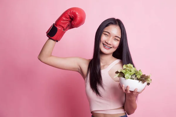 Young Asian Woman Boxing Glove Salad Pink Background — Stock Photo, Image