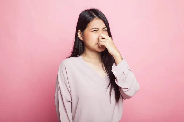 Young Asian Woman Holding Her Nose Because Bad Smell Pink — Stock Photo, Image