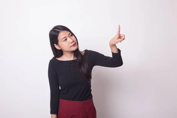 Mujer Asiática Tocando Pantalla Con Dedo Sobre Fondo Blanco — Foto de Stock