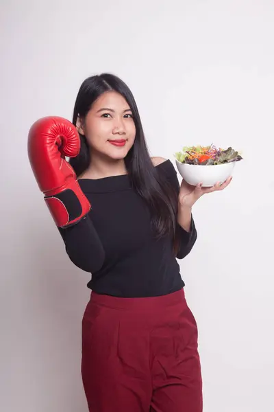 Young Asian Woman Boxing Glove Salad White Background — Stock Photo, Image