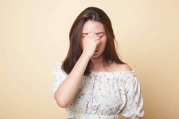 Young Asian Woman Got Sick Headache Beige Background — Stock Photo, Image