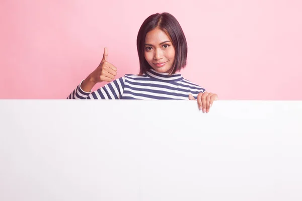 Jong Aziatisch Vrouw Tonen Duimen Omhoog Met Blanco Teken Roze — Stockfoto