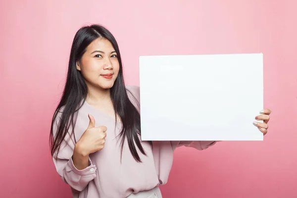 Jeune Femme Asiatique Montrer Pouces Vers Haut Avec Blanc Signe — Photo