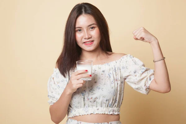Healthy Asian Woman Drinking Glass Milk Beige Background — Stock Photo, Image