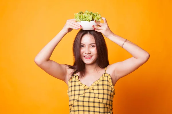 Healthy Asian Woman Salad Yellow Background — Stock Photo, Image