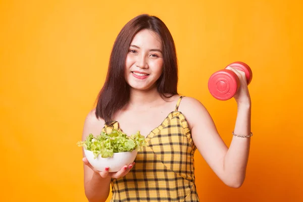 Healthy Asian Woman Dumbbells Salad Yellow Background — Stock Photo, Image