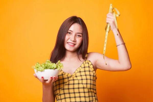 Healthy Asian Woman Measuring Tape Salad Yellow Background — Stock Photo, Image