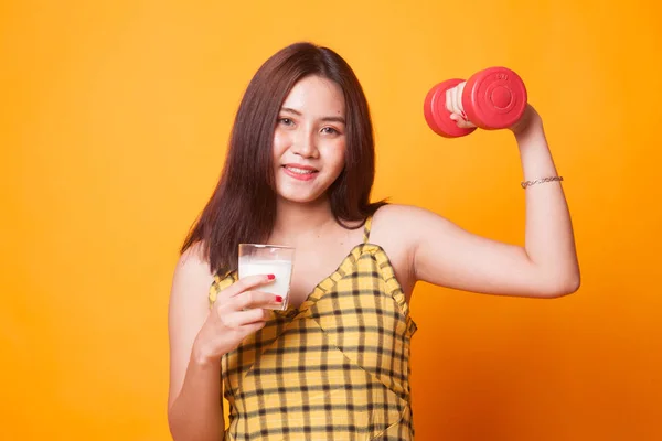 Healthy Asian Woman Drinking Glass Milk Dumbbell Yellow Background — Stock Photo, Image