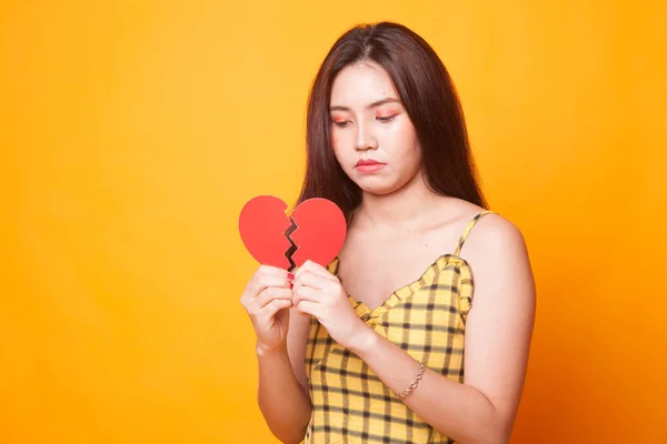 Beautiful Young Asian Woman Broken Heart Yellow Background — Stock Photo, Image