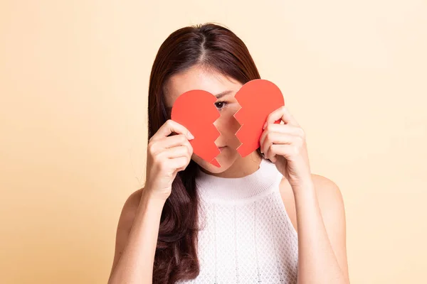 Beautiful Young Asian Woman Broken Heart Beige Background — Stock Photo, Image