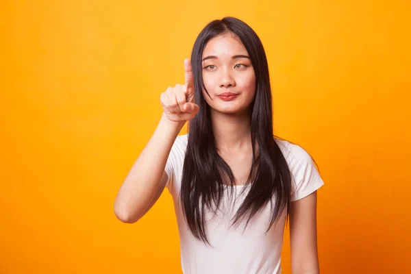 Asian Woman Touching Screen Her Finger Bright Yellow Background — Stock Photo, Image