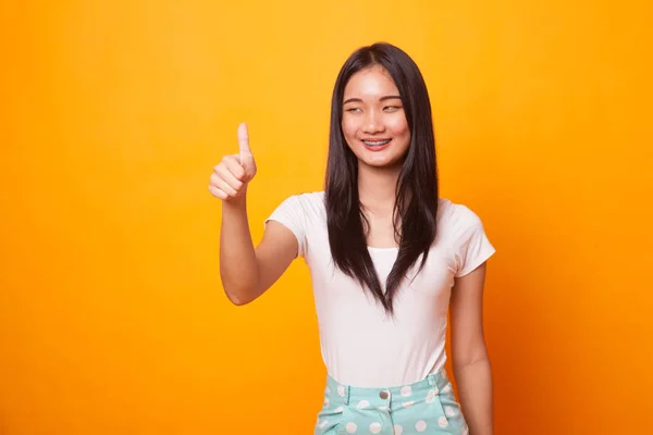 Asian Woman Thumbs Smile Bright Yellow Background — Stock Photo, Image