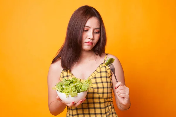 Asian Woman Hate Salad Yellow Background — Stock Photo, Image