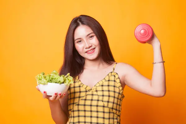 Healthy Asian Woman Dumbbells Salad Yellow Background — Stock Photo, Image