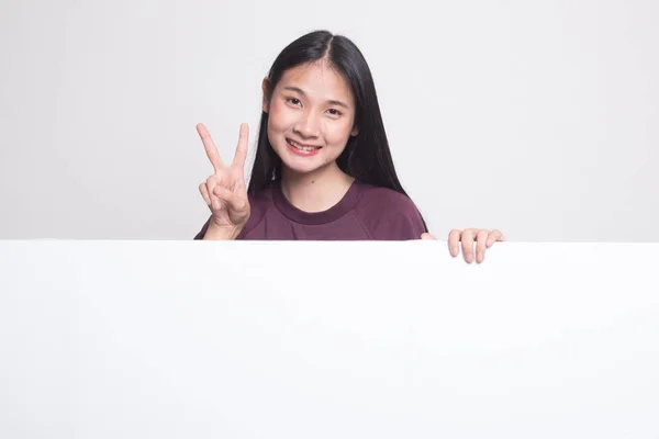 Jonge Aziatische Vrouw Toon Overwinning Teken Met Blank Ondertekenen Witte — Stockfoto