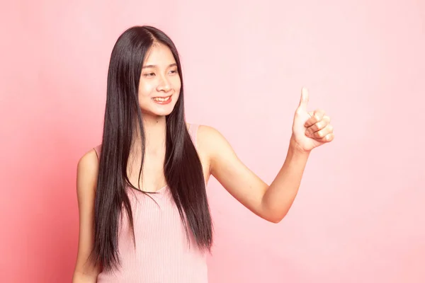 Asian Woman Thumbs Smile Pink Background — Stock Photo, Image