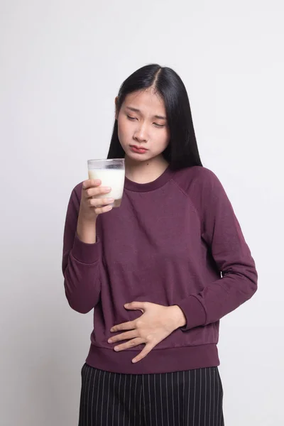 Asian woman drinking a glass of milk got stomachache. — Stock Photo, Image