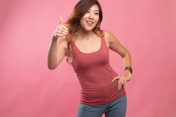 Asiática mujer pulgares arriba y sonrisa . —  Fotos de Stock