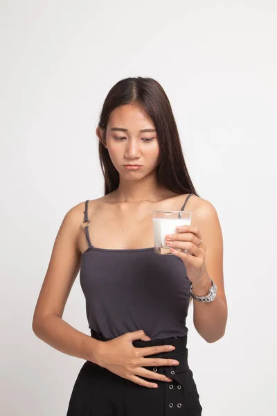 Asian woman drinking a glass of milk got stomachache. — Stock Photo, Image