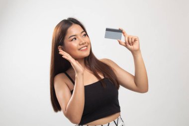 Genç Asyalı kadın ile boş kartı mutlu.