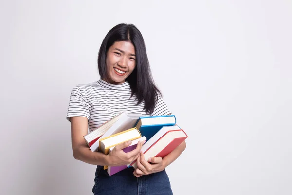 Junge asiatische Frau studiert mit May-Büchern. — Stockfoto