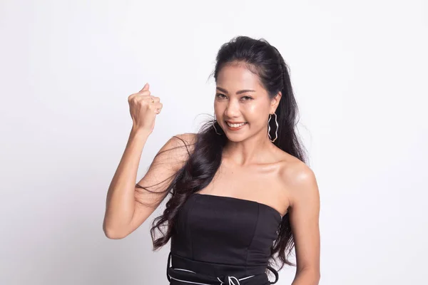 Bem Sucedido Jovem Mulher Asiática Segurar Punho Para Cima Fundo — Fotografia de Stock