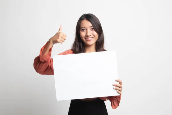 Young Asian Woman Show Thumbs White Blank Sign White Background — Stock Photo, Image