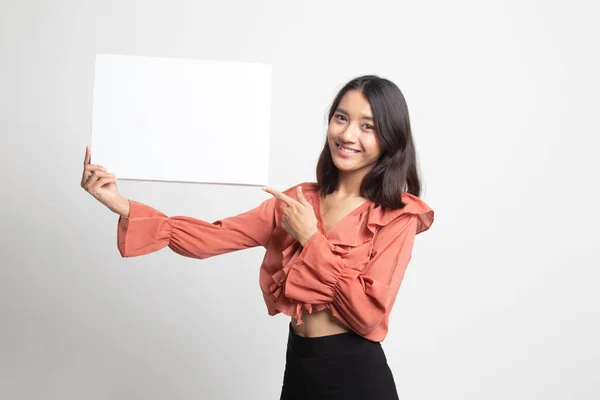 Giovane Donna Asiatica Punto Segno Bianco Sfondo Bianco — Foto Stock