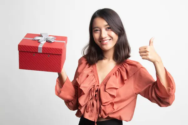 Asian Woman Thumbs Gift Box White Background — Stock Photo, Image