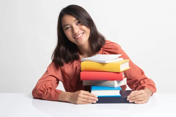 Happy Young Asian Woman Read Book Books Table White Background — Stock Photo, Image