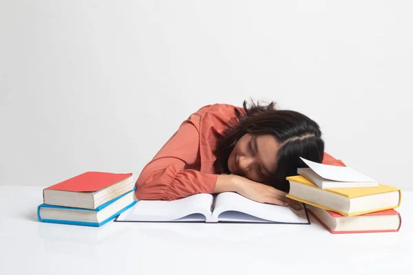 Exhausted Young Asian Woman Sleep Books Table White Background — Stock Photo, Image