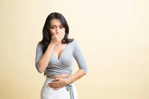 Young Asian Woman Got Stomachache Vomit Beige Background — Stock Photo, Image