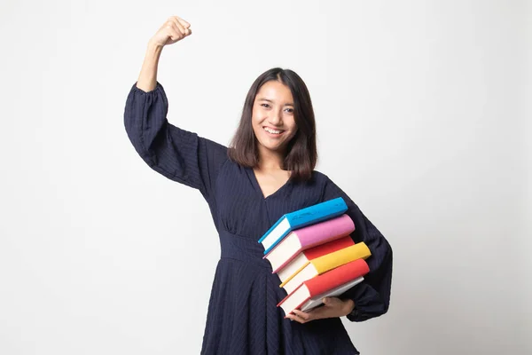 Junge Asiatische Frau Studiert Mit Mai Bücher Auf Weißem Hintergrund — Stockfoto