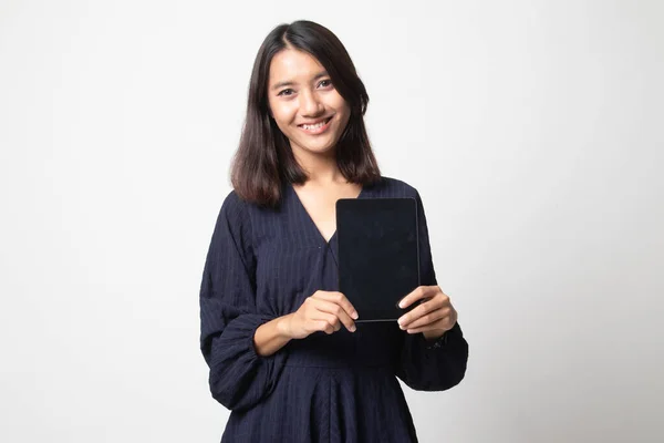 Young Asian Woman Computer Tablet White Background — Stock Photo, Image