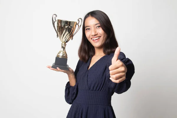 Bem Sucedido Jovem Asiático Mulher Segurando Troféu Mostrar Polegar Até — Fotografia de Stock