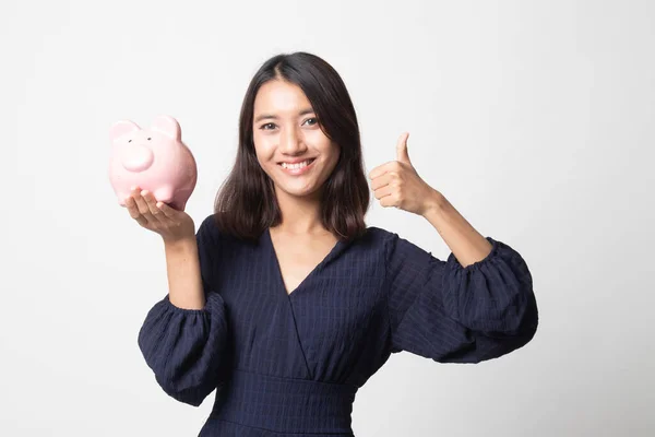 Asian Woman Thumbs Pig Coin Bank White Background — Stock Photo, Image