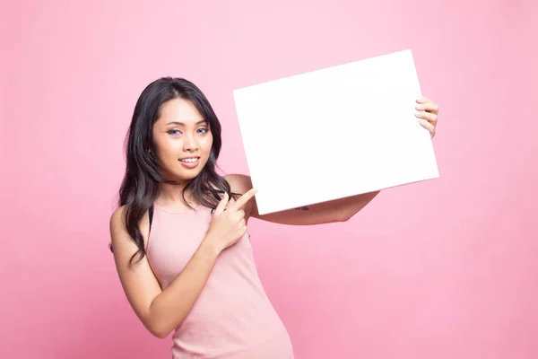 Young Asian Woman Point Blank Sign Pink Background — Stock Photo, Image