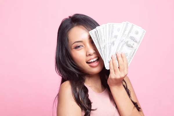 Portrait Young Asian Woman Showing Bunch Money Banknotes Pink Background — Stock Photo, Image