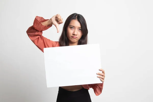 Jeune Asiatique Femme Montrer Pouces Vers Bas Avec Blanc Signe — Photo