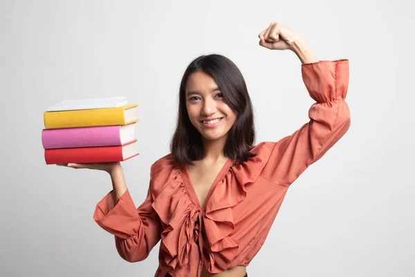 Junge Asiatische Frau Studiert Mit Mai Bücher Auf Weißem Hintergrund — Stockfoto