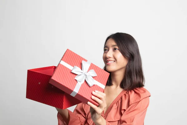 Young Asian Woman Open Gift Box White Background — Stock Photo, Image