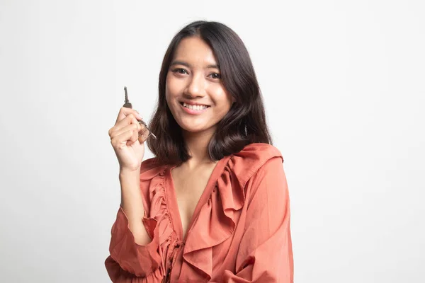 Cute Asian Girl Showing Home Residence Keys White Background Stock Photo