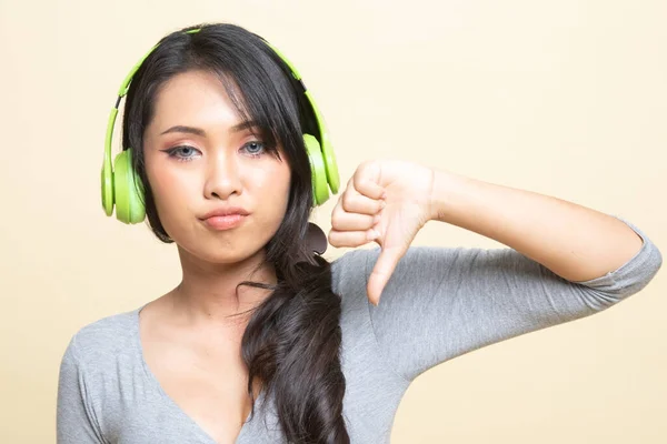 Asiática Chica Les Gusta Música Muestran Pulgar Hacia Abajo Con — Foto de Stock