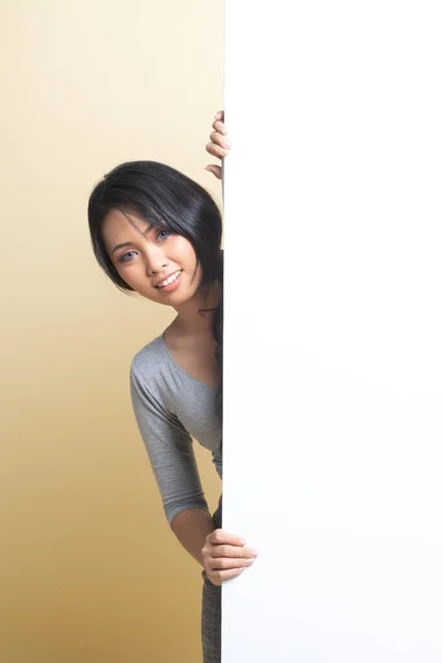 Young Asian Woman Blank Sign Beige Background — Stock Photo, Image